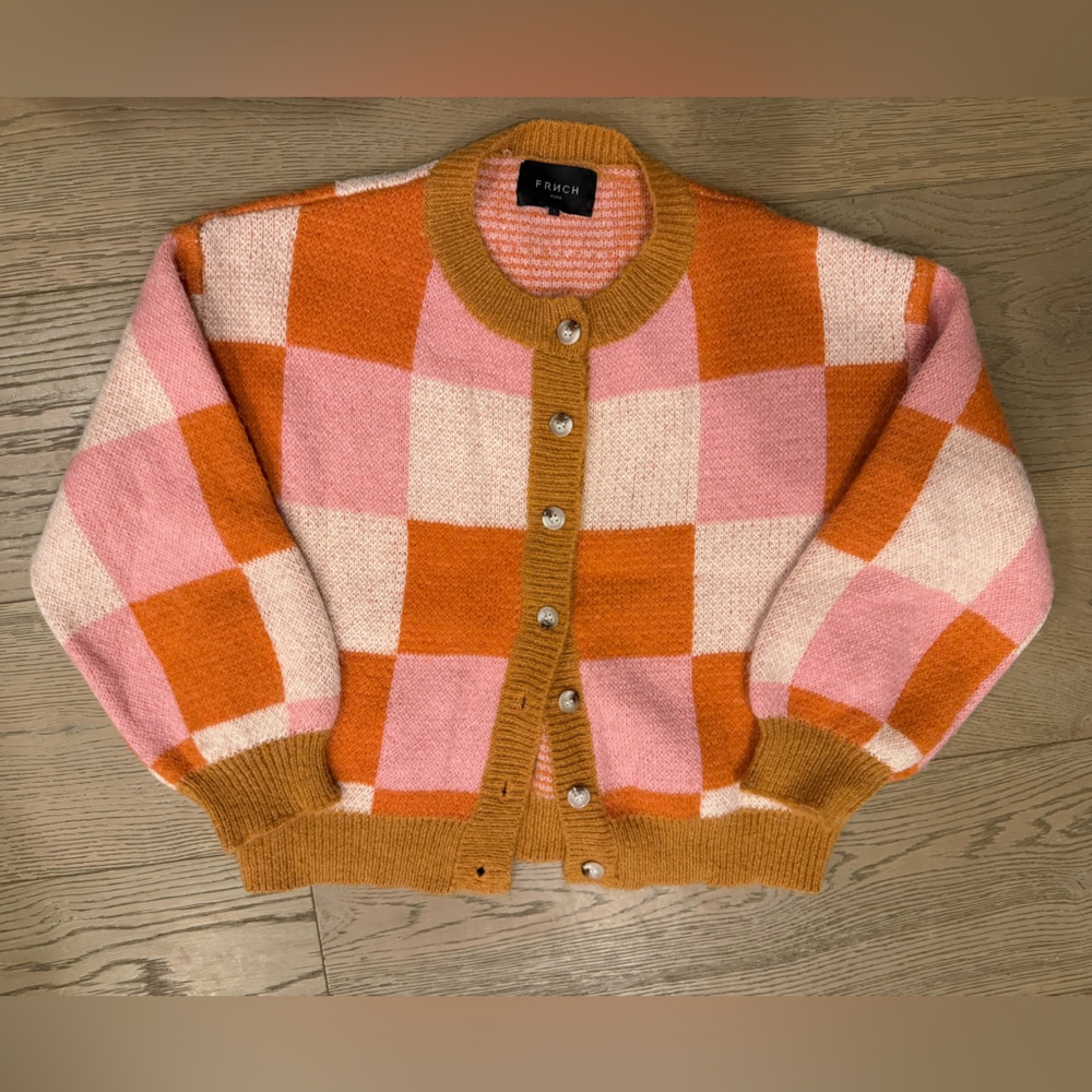 FRNCH Pink and Orange Checkered Sweater